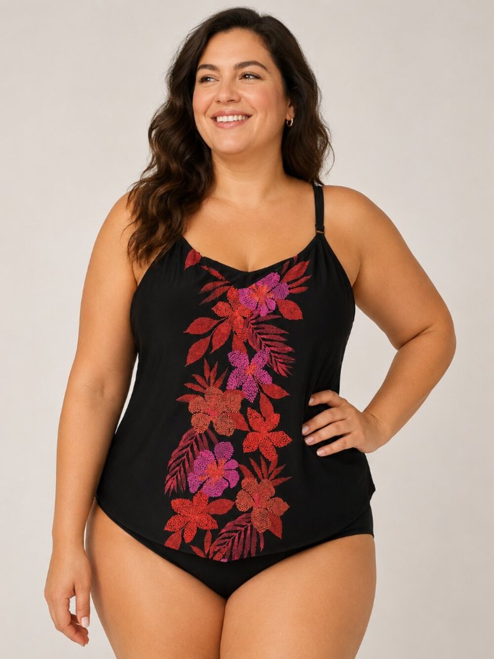Trimshaper Black Floral Tankini Top Swimsuit NWT Size 16 Pink Red Embroidered Lo